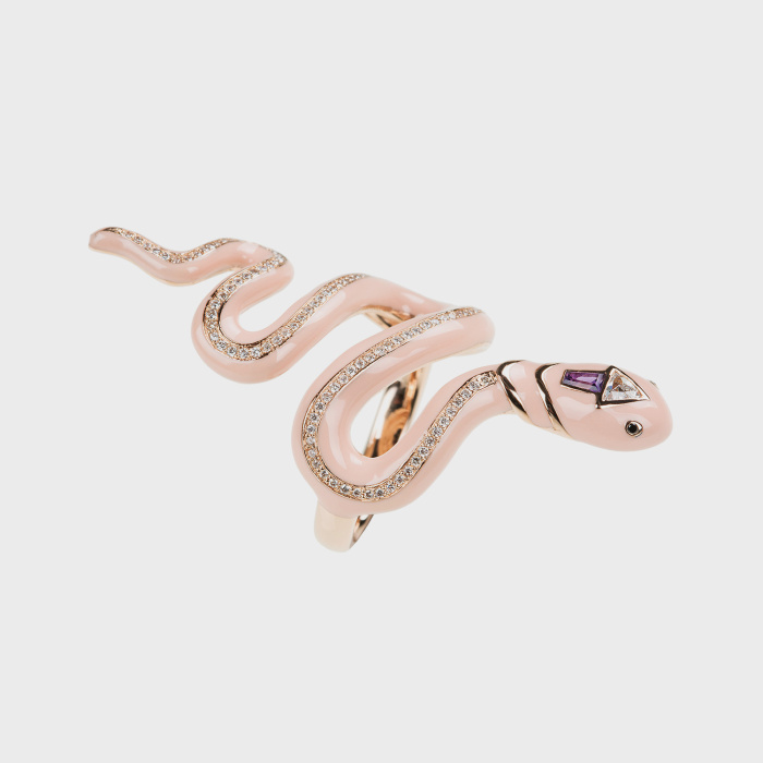Rose gold snake ring with white diamonds, amethyst, black diamonds and pink enamel