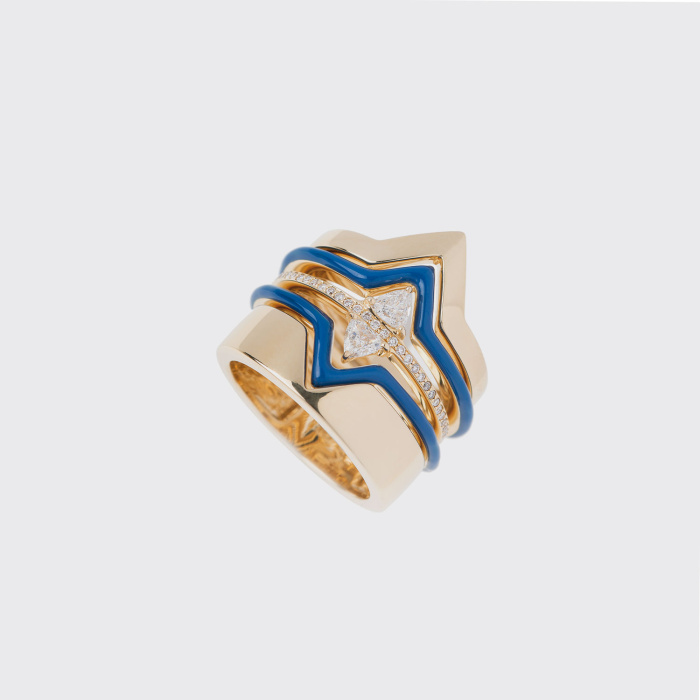 Yellow gold ring with white diamonds and blue enamel
