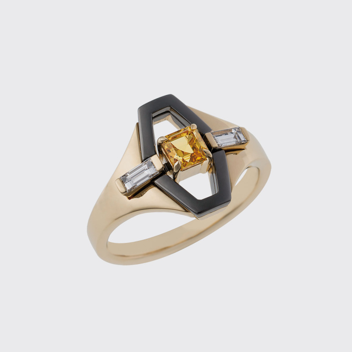 Yellow and black gold ring with yellow sapphire and white diamonds