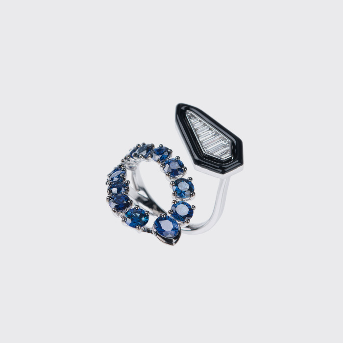 White gold ring with blue sapphires, white diamonds and black enamel