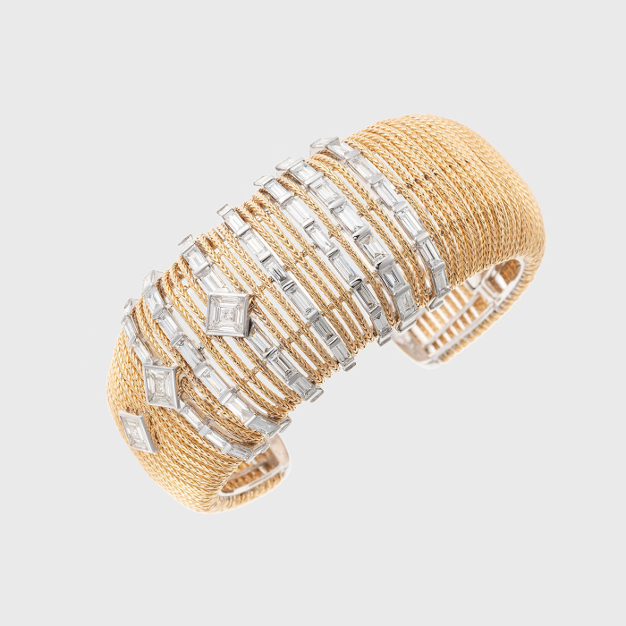 Yellow gold cuff bracelet with white diamond baguettes