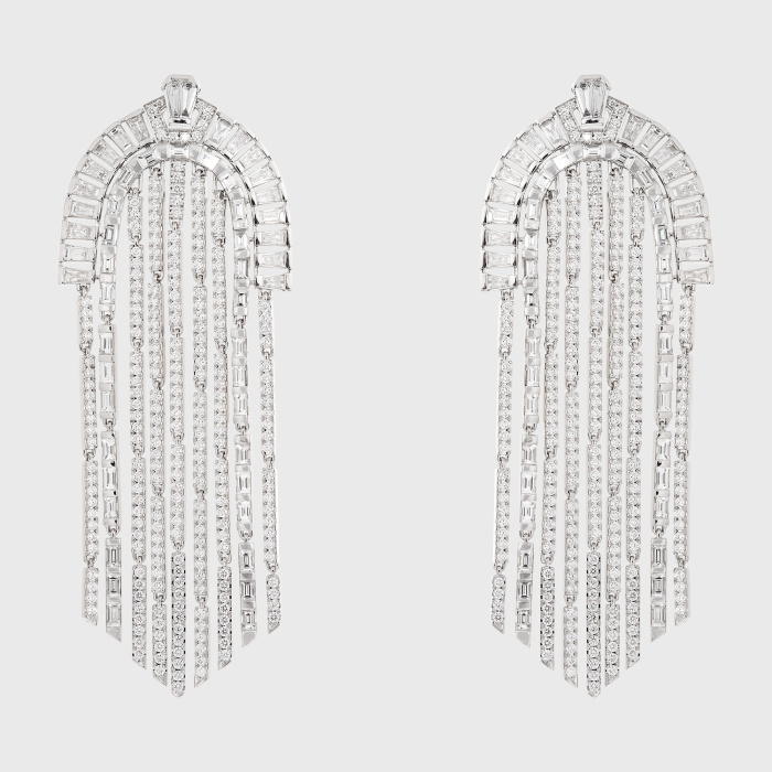 White gold long fringe earrings with round and baguette white diamonds
