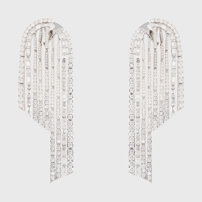 White gold long fringe earrings with round and baguette white diamonds