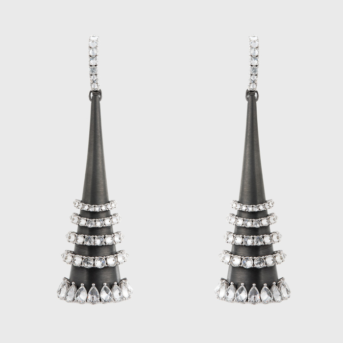 Blackened white gold long chandelier earrings with pear shape and round white diamonds
