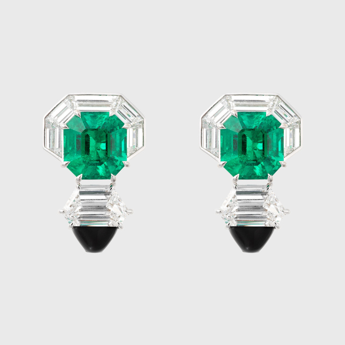 White gold earrings with emeralds, shield white diamonds, trapezoid cut white diamonds, white diamond baguettes and black enamel