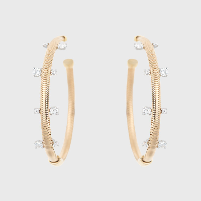Yellow gold chain large hoop earrings with round white diamonds