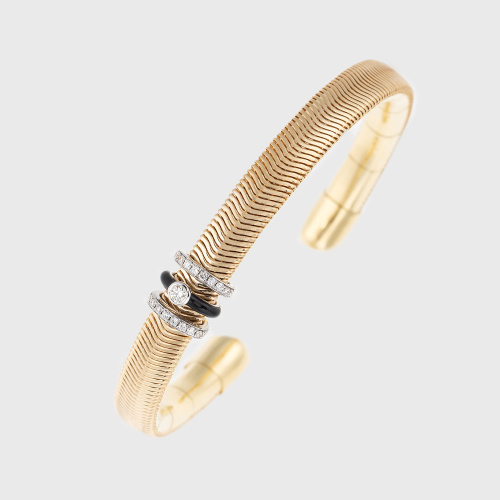 Yellow gold chain bangle bracelet with white diamonds and black enamel