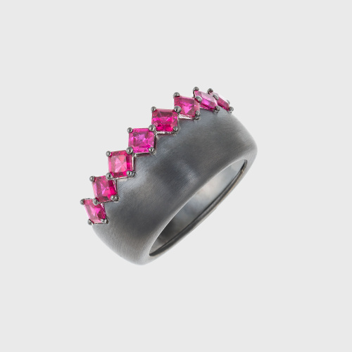Blackened white gold ring with rubies