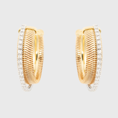 Yellow gold chain small hoop earrings with round white diamonds