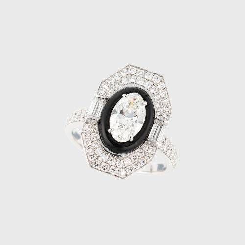 White gold ring with oval white diamond, emerald cut white diamonds, paved white diamonds and black enamel