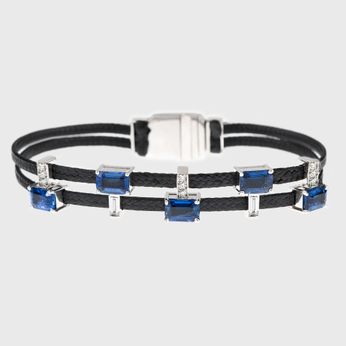White gold cord bracelet with blue sapphires, white diamonds and black enamel