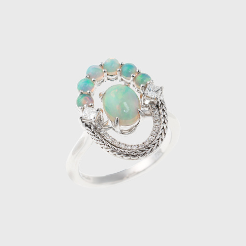 White gold ring with opals and white diamonds