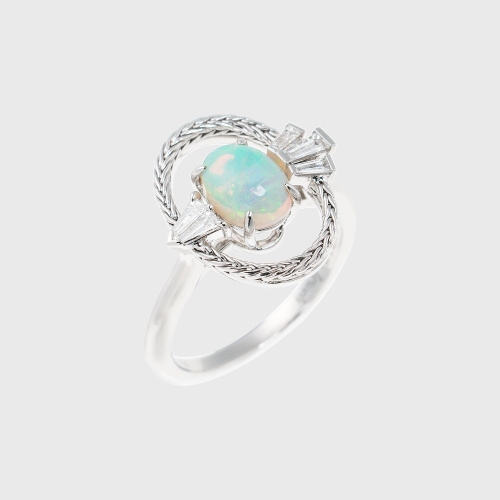White gold ring with opal and white diamonds