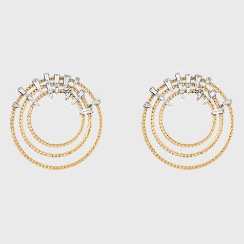 Yellow gold hoop earrings with white diamond baguettes