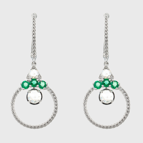 White gold earrings with white diamonds and emeralds