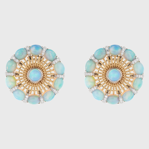 Yellow gold cuff earrings with opals and white diamonds