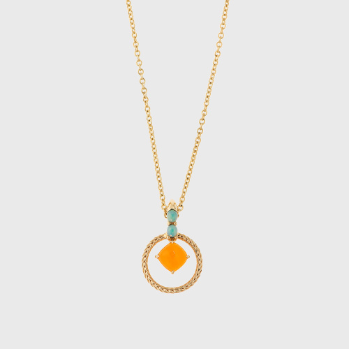 Yellow gold pendant necklace with opals and carnelian