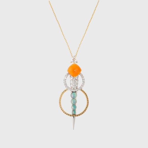 Yellow gold pendant necklace with opals, white diamonds and carnelian