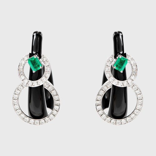 White gold small hoop earrings with white diamonds, emeralds and black enamel
