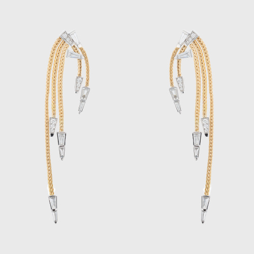 Yellow gold jacket earrings with white diamond baguettes