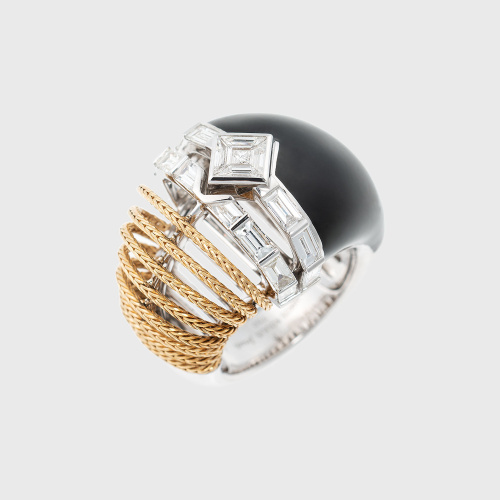 Yellow gold collar bombé ring with white diamond baguettes and black enamel