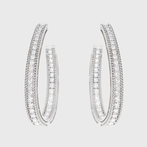 White gold oval hoop earrings with round white diamonds