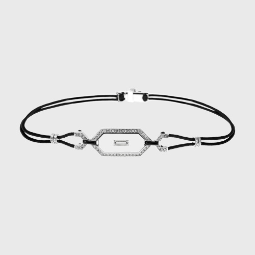 White gold cord bracelet with white diamonds in translucent and black enamel