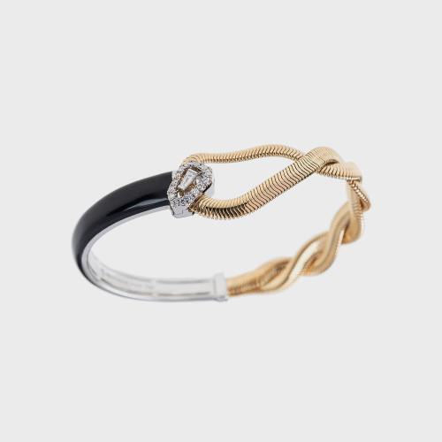 Yellow gold chain bracelet with white diamonds and black enamel