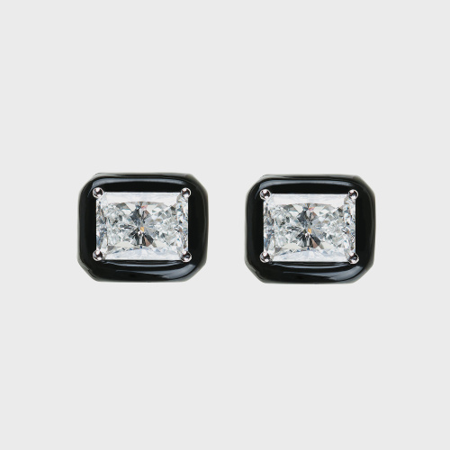 White gold stud earrings with white diamonds and black enamel