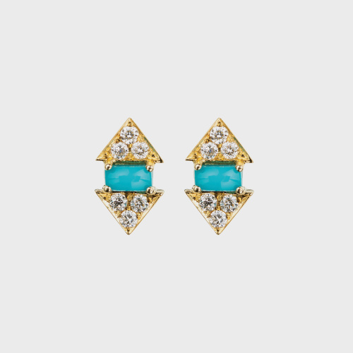 Yellow gold stud earrings with white diamonds and turquoises