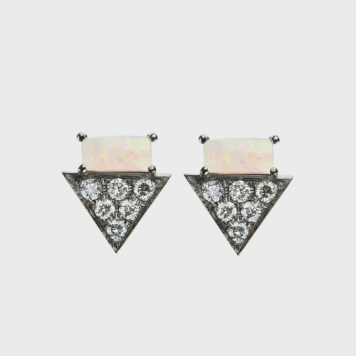 Black gold earring studs with white diamonds and opals