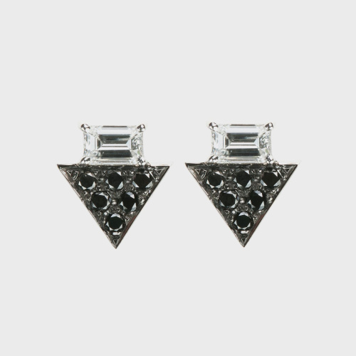 Black gold stud earrings with white diamond baguettes and black diamonds