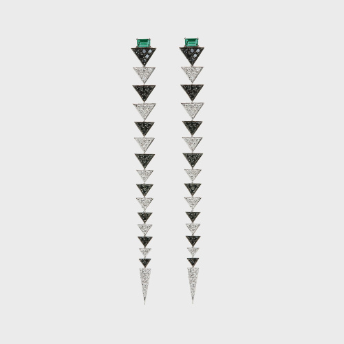 White gold long earrings with white diamonds, black diamonds and emeralds