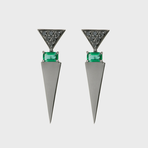 Black gold small earrings with black diamonds and emeralds