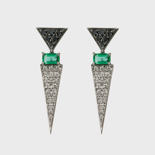 Black gold earrings with white diamonds, black diamonds and emeralds