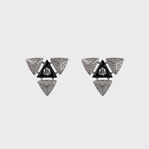 White gold stud earrings with white diamonds and black enamel