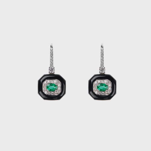 White gold small earrings with white diamonds, emeralds and black enamel