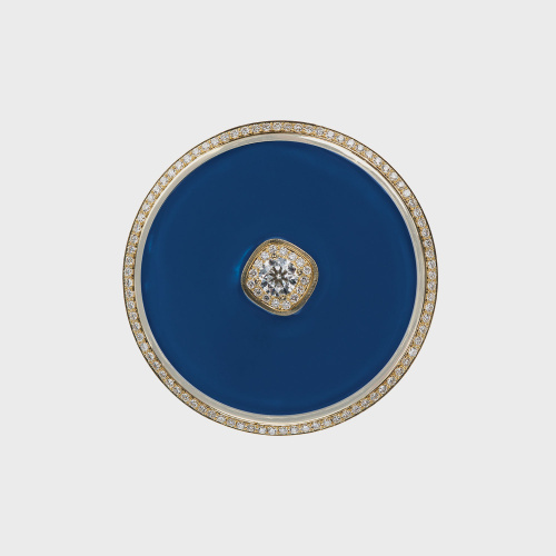 Yellow gold disk earring with white diamonds and blue enamel