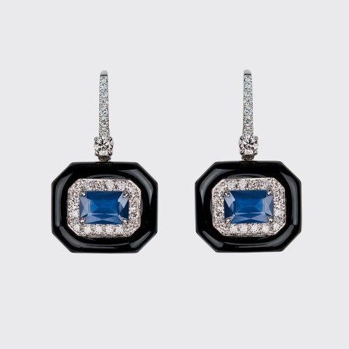 White gold earrings with blue sapphires, white diamonds and black enamel