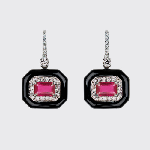 White gold earrings with rubies, white diamonds and black enamel