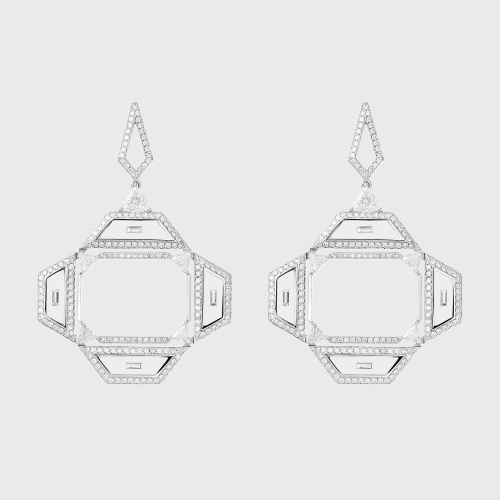 White gold halo earrings with white diamonds in translucent enamel