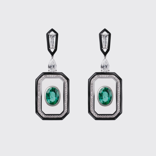 White gold earrings with oval emeralds and white diamonds set in translucent enamel and black enamel