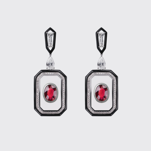 White gold earrings with oval rubies and white diamonds set in translucent enamel and black enamel
