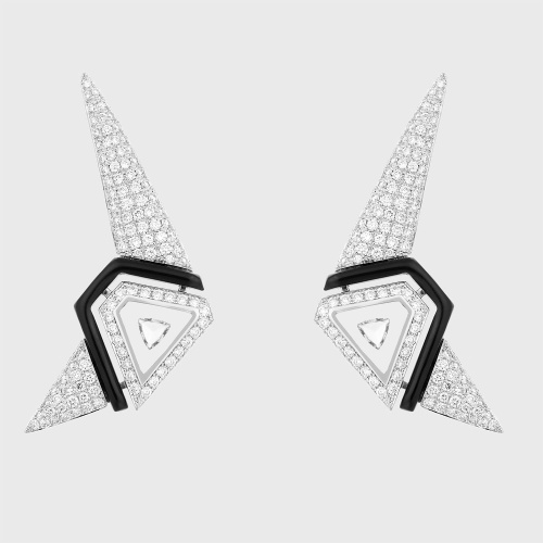 White gold small earrings with white diamonds in translucent enamel and black enamel