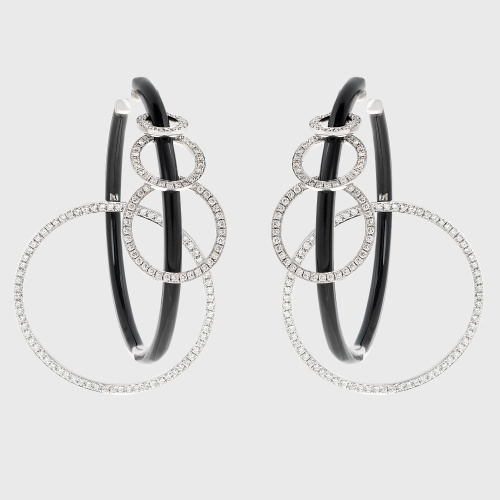 White gold hoop earrings with white diamonds and black enamel