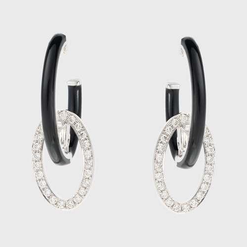 White gold small hoop earrings with white diamonds and black enamel
