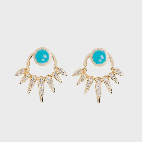Yellow gold small earrings with white diamonds and turquoises