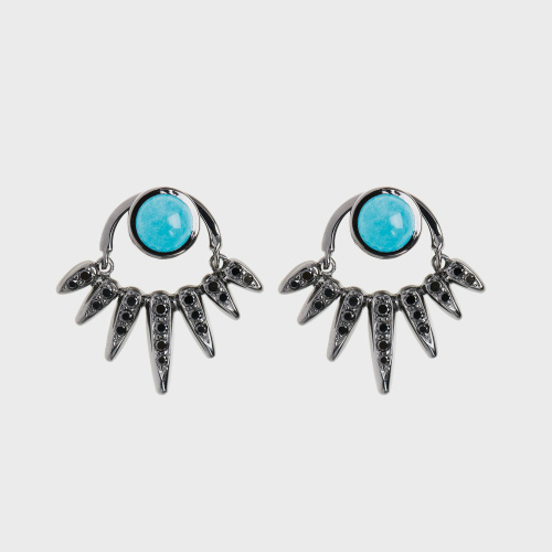 Black gold small earrings with black diamonds and turquoises