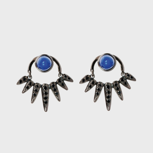 Black gold small earrings with black diamonds and lapis