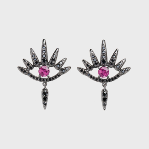 Black gold small earrings with black diamonds and rubies